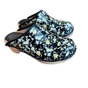 Swedish Wooden Clogs Floral Black Yellow Slip-On Shoes Women Size 36 EU 5.5-6 US